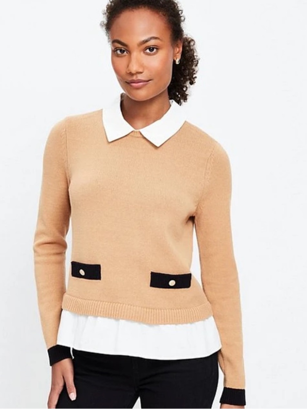 Loft Shirt - tan poplin layered mixed media sweater